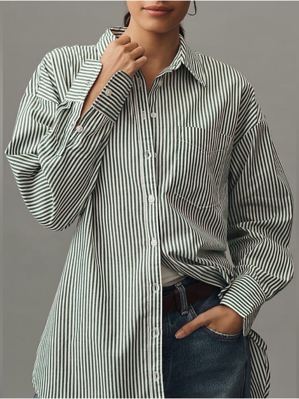 Anthropologie Green & White Striped Relaxed Button-Down Shirt